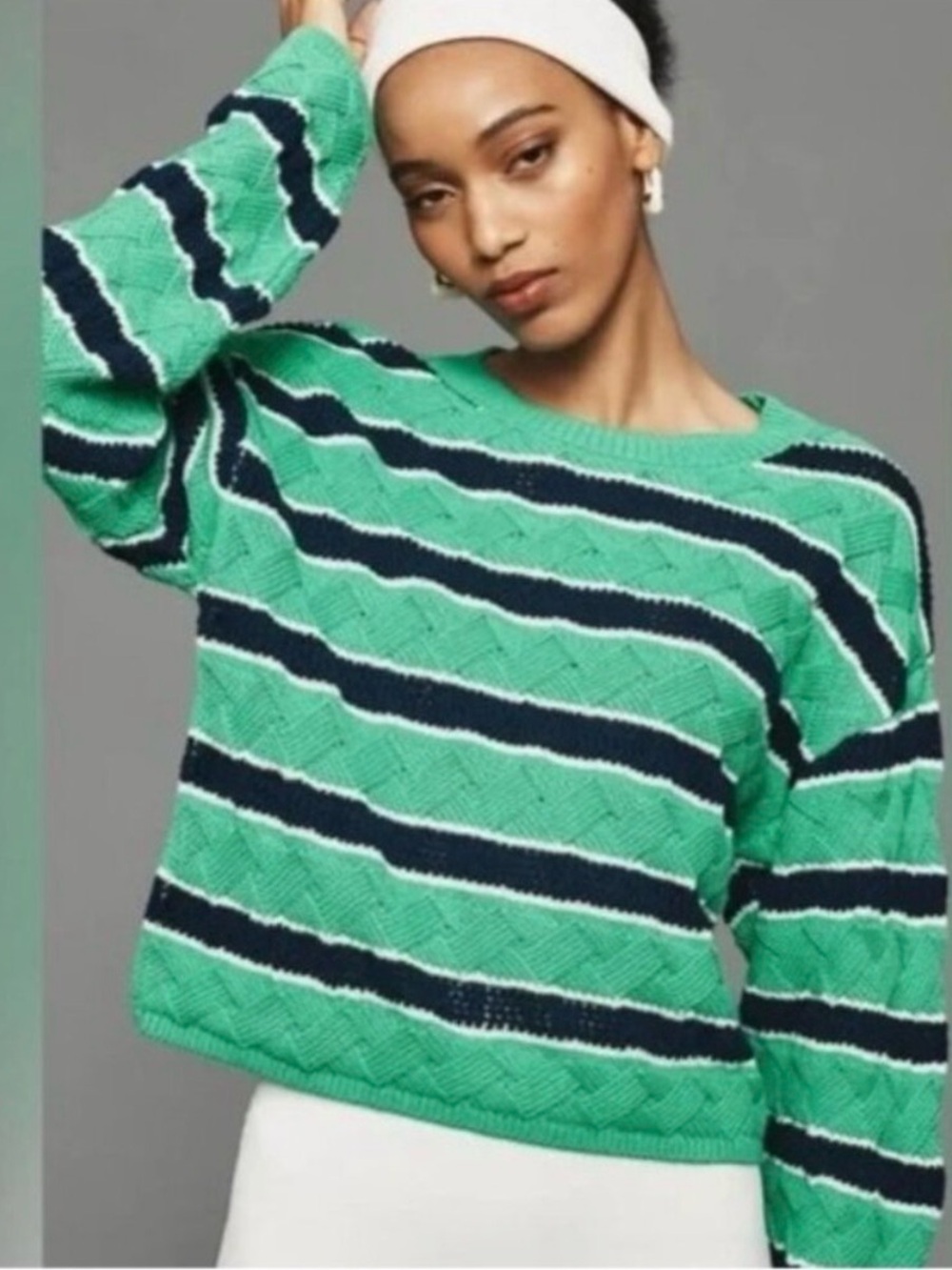 Maeve by Anthropology Green & Navy Striped Crewneck Sweater